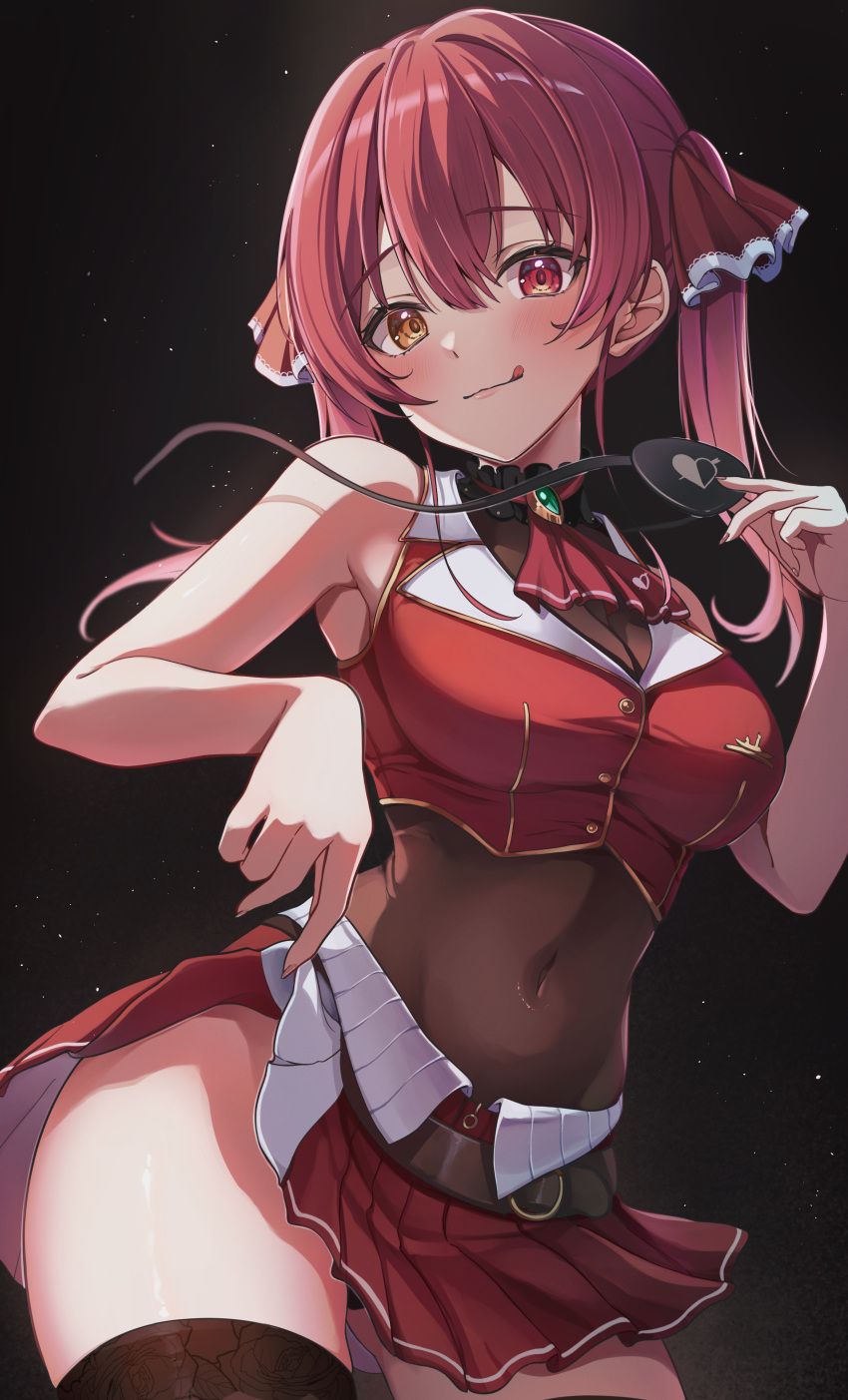 1girl absurdres arrow_through_heart ascot bare_shoulders black_choker black_thighhighs blush breasts brooch chameleon_(chameleon0613) choker cleavage covered_navel cropped_jacket eyepatch frilled_choker frilled_shirt_collar frills gloves hair_between_eyes hair_ribbon heterochromia highres hololive houshou_marine houshou_marine_(1st_costume) jacket jewelry lace-trimmed_legwear lace_trim large_breasts leotard leotard_under_clothes licking_lips long_hair looking_at_viewer pleated_skirt red_ascot red_eyes red_hair red_jacket red_ribbon red_skirt ribbon see-through see-through_leotard skirt sleeveless sleeveless_jacket smile solo thighhighs thighs tongue tongue_out twintails virtual_youtuber yellow_eyes