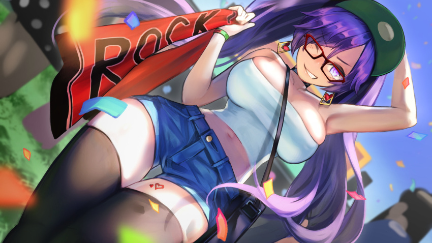 1girl adjusting_clothes adjusting_headwear baseball_cap black_choker black_thighhighs blue_shorts bracelet breasts choker commission confetti denim denim_shorts earrings glasses green_headwear hakusyokuto hat heart heart_earrings highres jewelry large_breasts long_hair looking_at_viewer navel one_eye_closed original purple_eyes purple_hair red-framed_eyewear short_shorts shorts skeb_commission strapless thighhighs tube_top twintails