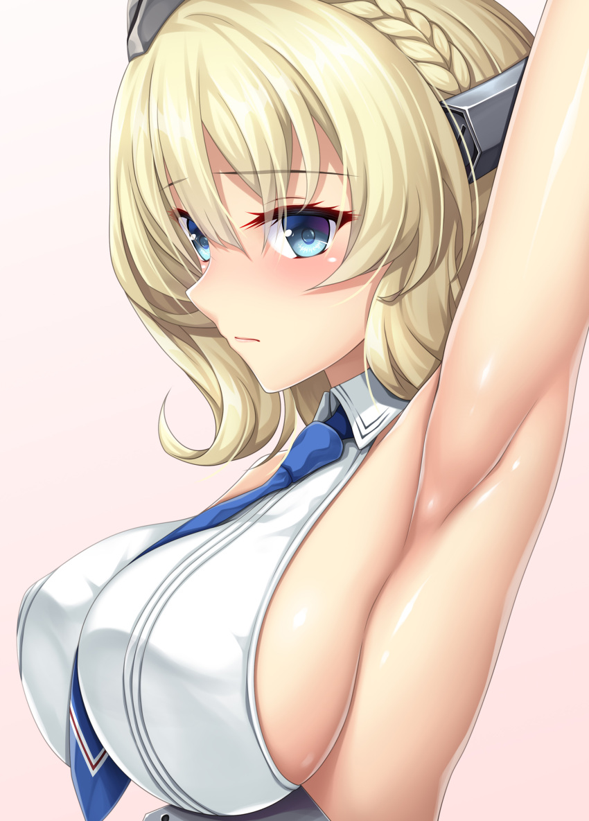 1girl absurdres armpits arms_up blonde_hair blue_eyes blue_necktie blush braid breasts closed_mouth collared_shirt colorado_(kancolle) from_side garrison_cap grey_headwear hat highres kantai_collection large_breasts looking_at_viewer necktie ruin_re_birth shirt short_hair sideboob sleeveless sleeveless_shirt solo upper_body white_shirt