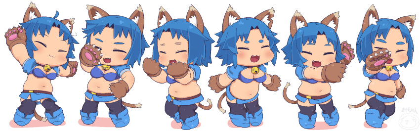 1girl :3 animal_ear_fluff animal_ears animal_hands blue_footwear blue_hair blue_skirt breasts chibi cleavage closed_eyes closed_mouth commentary_request facing_away facing_viewer fang full_body gloves highres jaggy_lines ket_sea medium_breasts medium_hair miniskirt muffin_top multiple_views navel omiya_(louise-louis-lucille) open_mouth outstretched_arms paw_gloves plump shadow short_sleeves simple_background skirt standing tail thick_eyebrows thick_thighs thighhighs thighs waguruma! white_background