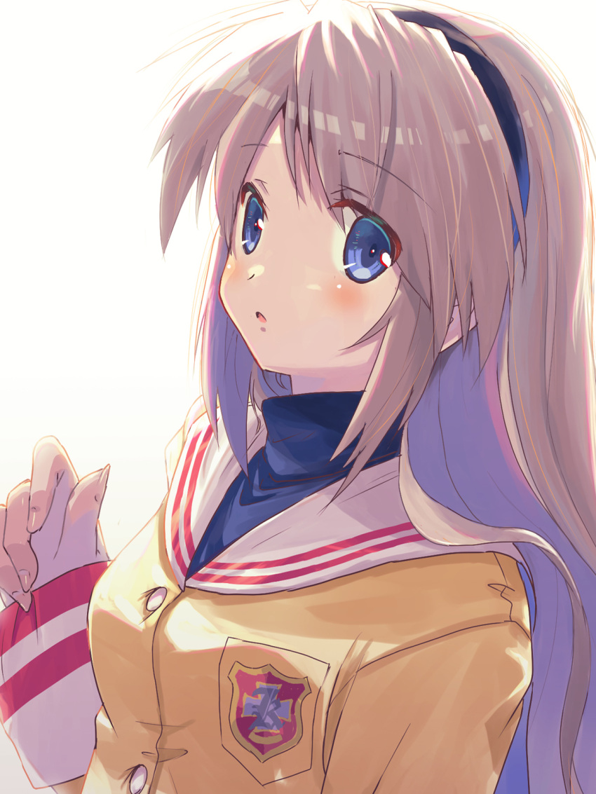 1girl akayama_yukihe backlighting black_hairband blue_eyes blush clannad commentary eyes_visible_through_hair fingernails grey_hair hair_between_eyes hair_over_shoulder hairband hand_up highres jacket long_hair looking_at_viewer parted_lips sailor_collar sakagami_tomoyo simple_background sleeves_past_wrists solo turtleneck upper_body white_background white_sailor_collar yellow_jacket