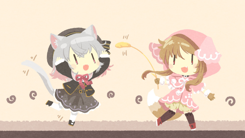 2girls akihiyo animal_ears arms_up beret black_dress black_headwear black_jacket black_thighhighs brown_background brown_hair brown_shorts cat_ears cat_girl cat_tail cat_teaser chibi colored_inner_hair commentary_request dress fang fangs grey_hair hat highres hood hood_up hoodie jacket medium_hair multicolored_hair multiple_girls neck_ribbon open_clothes open_jacket ouka_miko pantyhose pink_eyes pink_hair pink_hoodie playing puffy_shorts red_eyes red_ribbon ribbon running sayo_(voicevox) shorts sidelocks swirl tail thighhighs tied_drawstring utau voicevox white_pantyhose wolf_girl wolf_tail |_|