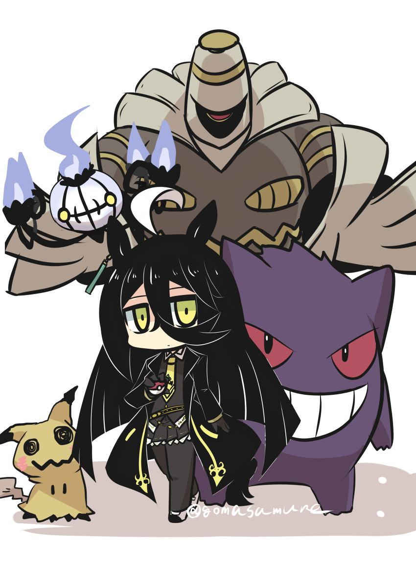 1girl absurdres ahoge animal_ears black_coat black_gloves black_hair black_pantyhose black_shirt black_skirt blue_fire chandelure coat collared_shirt crossover dusknoir fire gengar gloves goma_(gomasamune) grin hair_between_eyes highres holding holding_poke_ball horse_ears horse_girl horse_tail long_hair long_sleeves manhattan_cafe_(umamusume) mimikyu open_clothes open_coat pantyhose pleated_skirt poke_ball poke_ball_(basic) pokemon pokemon_(creature) red_eyes shadow shirt simple_background skirt smile standing tail twitter_username umamusume very_long_hair white_background yellow_eyes