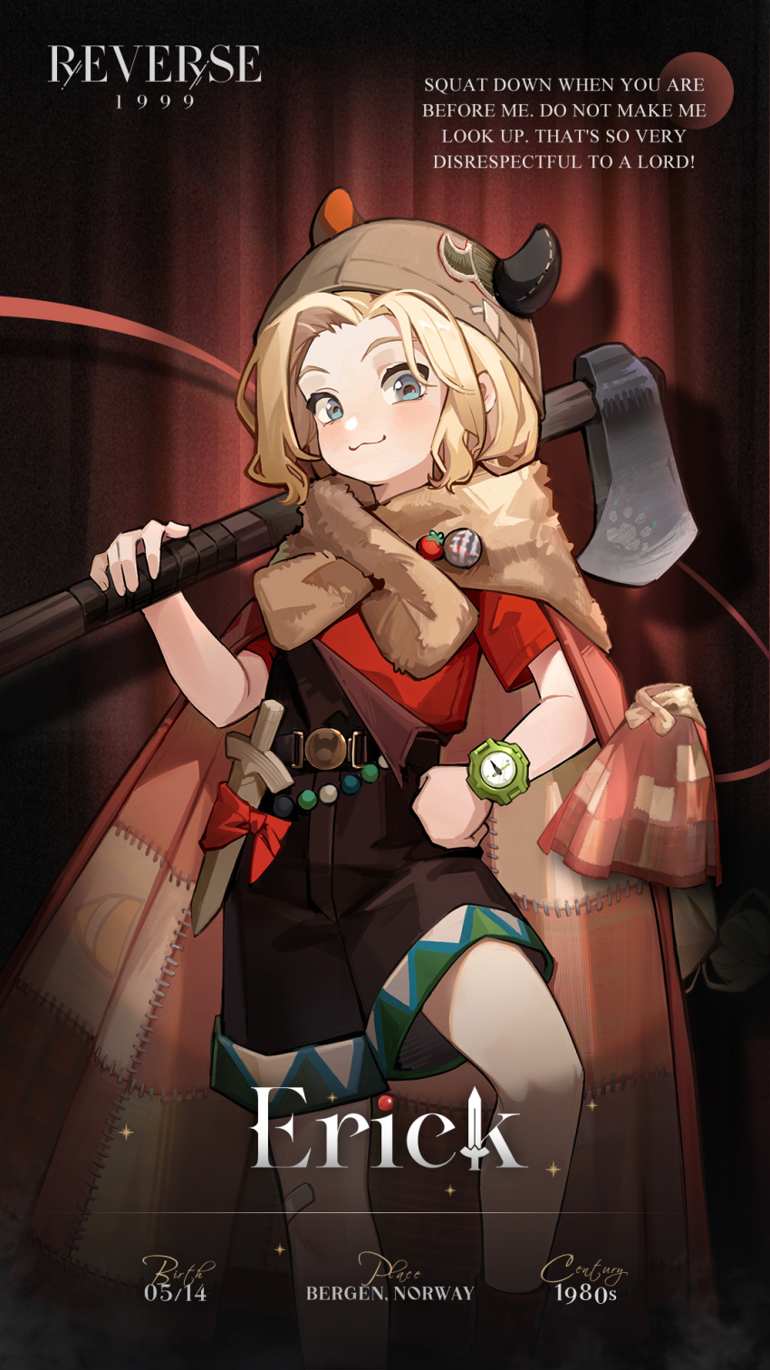 1girl :3 axe badge bandaid bandaid_on_leg bead_belt belt black_belt blonde_hair blue_eyes blush brown_headwear brown_overalls button_badge cape character_name child copyright_name english_text erick_(reverse:1999) feet_out_of_frame fur_cape hand_on_own_hip highres holding holding_axe horned_hat logo looking_at_viewer medium_hair official_art orange_cape over_shoulder overall_shorts overalls overalls_pull parted_bangs patchwork_clothes red_background red_curtains red_shirt reverse:1999 shirt short_sleeves socks solo spotlight standing stepped_on sword watch weapon weapon_over_shoulder wooden_sword wristwatch