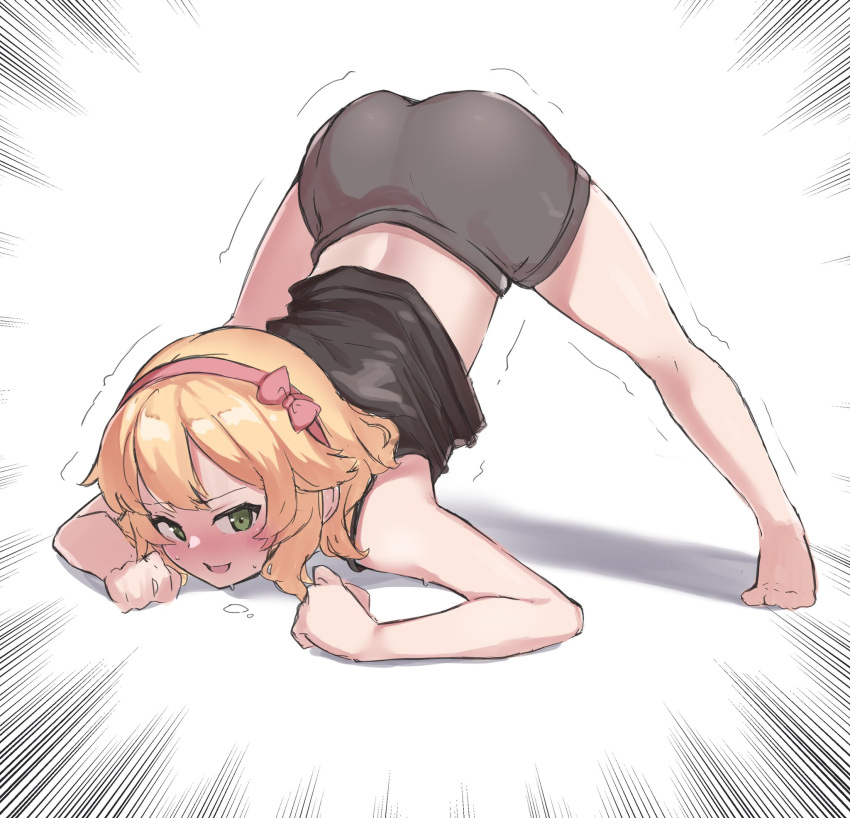 1girl barefoot black_shirt blonde_hair blush bow commentary_request deko_isu emphasis_lines female_child green_eyes grey_shorts hair_bow hairband highres idolmaster idolmaster_cinderella_girls_u149 jack-o'_challenge legs looking_at_viewer medium_hair pink_hairband sakurai_momoka shirt shorts sidelocks smile solo sweat tank_top thighs top-down_bottom-up trembling wavy_hair wavy_mouth white_background