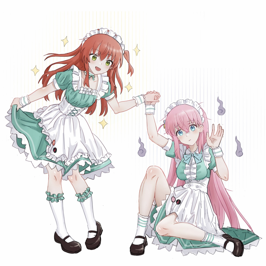 2girls absurdres aqua_dress armband bestramos blue_eyes bocchi_the_rock! brown_footwear cube_hair_ornament dress gotoh_hitori hair_ornament highres holding_hands interlocked_fingers kita_ikuyo long_hair looking_at_another looking_at_viewer maid maid_headdress multicolored_clothes multicolored_dress multiple_girls pink_hair red_hair side_ponytail sitting smile socks sparkle standing very_long_hair white_armband white_background white_dress white_socks yellow_eyes yuri
