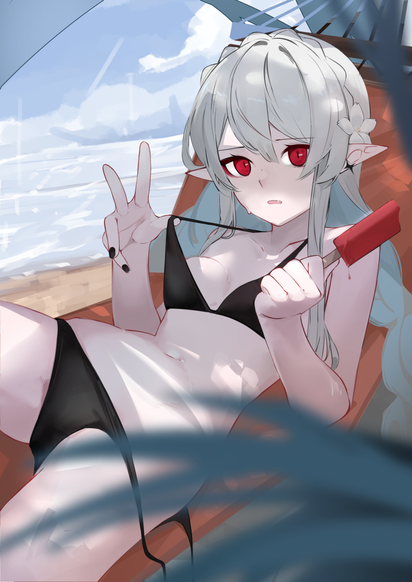 1girl absurdres ao_oni_(onioni-aoi) arknights beach bikini bikini_pull bikini_top_pull black_bikini black_nails clothes_pull collarbone day food hammock highres holding_popsicle long_hair looking_at_viewer lying navel on_back open_mouth outdoors pointy_ears popsicle pulled_by_self red_eyes shade sidelocks solo sweat swimsuit warfarin_(arknights) white_hair