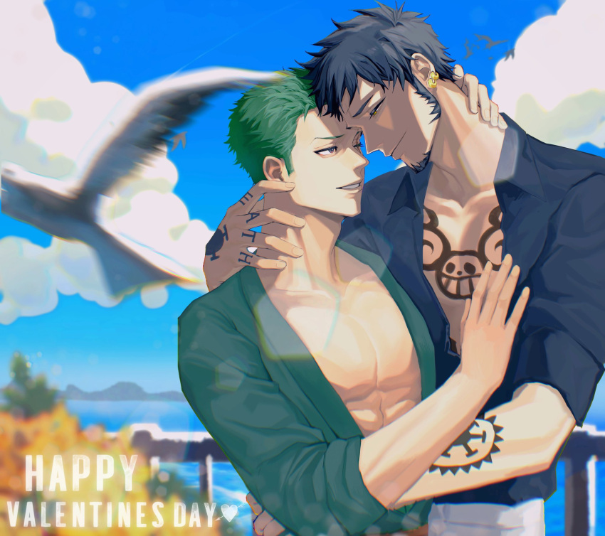 2boys bare_pectorals bird black_hair black_shirt chest_tattoo closed_mouth collarbone dress_shirt earrings english_text eye_contact facial_hair fulenimenle goatee green_hair green_kimono half-closed_eyes hands_on_another's_chest happy_valentine highres hug japanese_clothes jewelry kimono long_sideburns looking_at_another male_focus multiple_boys muscular ocean one_piece open_clothes outdoors pants partially_unbuttoned pectorals roronoa_zoro scar scar_across_eye shirt short_hair sideburns sleeves_rolled_up smile tattoo trafalgar_law tropical white_shirt yaoi