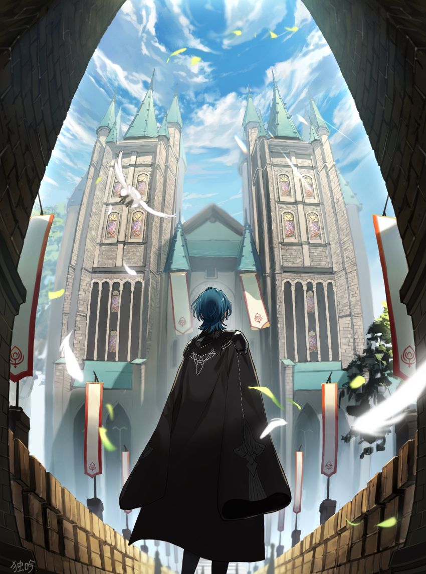 1boy absurdres animal bird black_cape blue_hair blue_sky byleth_(fire_emblem) byleth_(male)_(fire_emblem) cape cloud commentary_request day doku_gin1126 falling_feathers feathers fire_emblem fire_emblem:_three_houses from_behind highres male_focus outdoor_unit short_hair signature sky solo