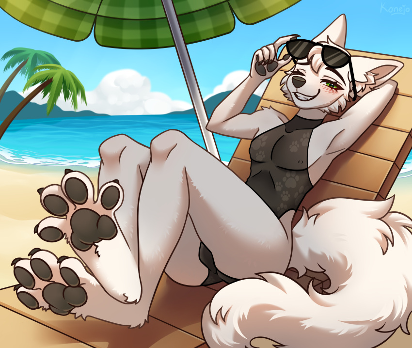 absurd_res anthro beach beach_chair black_clothing black_pawpads blush canid canine canis chair claws clothing cloud crossed_legs detailed_background digitigrade eyewear eyewear_on_head feet female flat_chested foot_focus fur furniture hand_behind_head hi_res konejo lily_(atrumpet) lying mammal nipple_outline on_back one-piece_swimsuit one_eye_closed palm_tree pawpads paws plant sand seaside smile solo spread_toes sunglasses sunglasses_on_head swimwear tail toes tree umbrella water white_body white_fur wink wolf