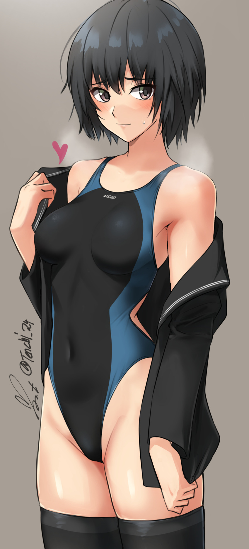 1girl amagami bare_shoulders black_hair black_jacket black_one-piece_swimsuit black_thighhighs blue_one-piece_swimsuit blush bob_cut breasts brown_eyes closed_mouth commentary competition_swimsuit covered_navel cowboy_shot grey_background groin heart highleg highleg_swimsuit highres jacket kibito_high_school_uniform light_smile looking_at_viewer medium_breasts nanasaki_ai one-piece_swimsuit open_clothes open_jacket school_uniform short_hair signature simple_background solo swimsuit thighhighs twitter_username two-tone_swimsuit yoo_tenchi