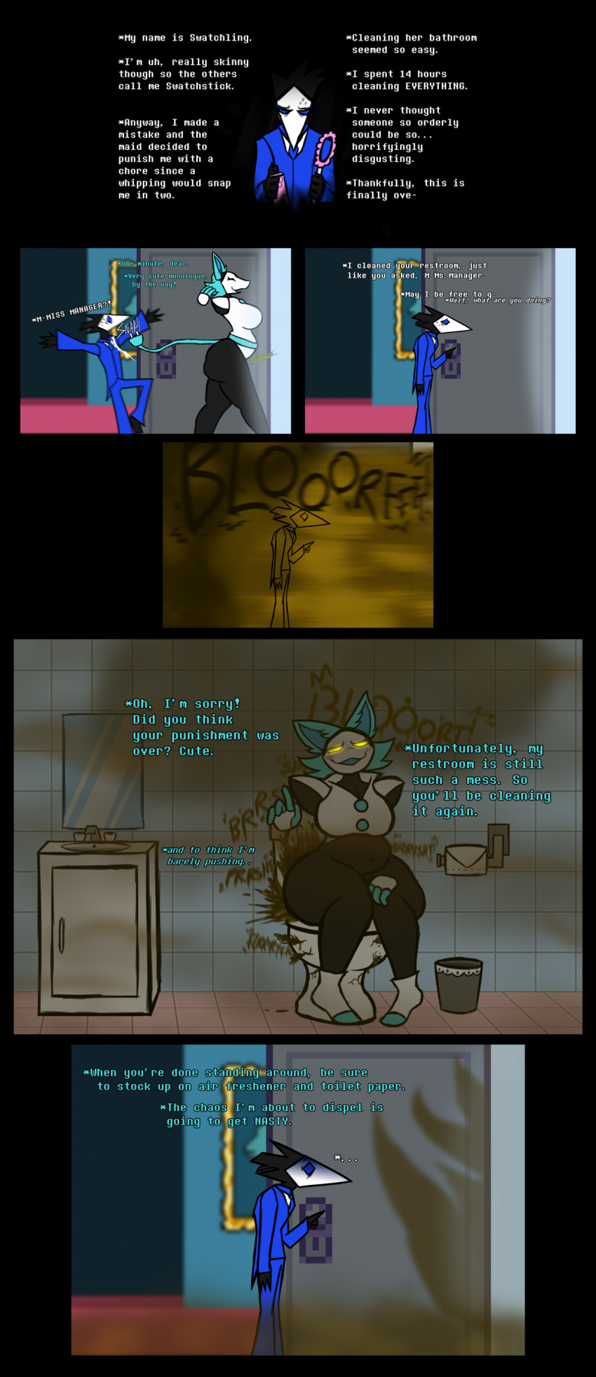 absurd_res anthro bathroom being_watched belly big_butt blue_hair blush bottomless butt chubby_belly clogged_toilet clothed clothing comic curvy_female curvy_figure darkner deltarune dialogue diarrhea dirty dominant dominant_female door_open dress_shirt duo electrical_plug electrical_plug_tail eyelashes fart fart_fetish farting_on_another farting_on_face feces felid feline female front_view fumes gassy glowing glowing_eyes hair hand_on_leg hi_res huge_butt humiliation implied_pee itsyikesagainsorry looking_at_another loud_fart machine maid_uniform male male/female mammal messy mistress no_underwear overweight poop_desperation punishment relieved robot rumbling_stomach sat_on scat servant shameless shirt shoulder_pads sitting sloppy smelly smile smug stomach_ache suit swatchling tail tasque_manager teasing thick_thighs thighs toilet toilet_bowl toilet_paper toilet_seat toilet_use topwear undertale_(series) uniform wide_hips