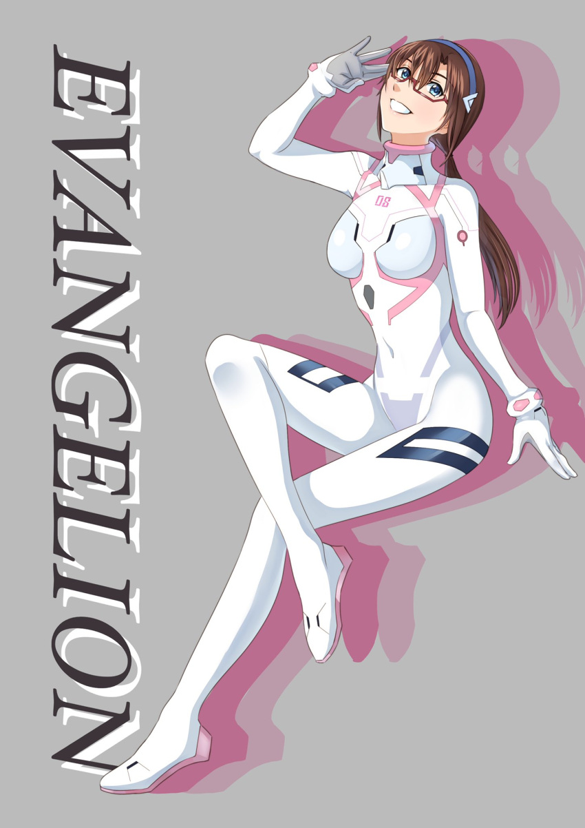 1girl arm_support arm_up blue_eyes bodysuit breasts brown_hair copyright_name covered_navel crossed_legs evangelion:_3.0+1.0_thrice_upon_a_time full_body glasses grey_background grin hairband highres hirohirari invisible_chair long_hair looking_at_viewer makinami_mari_illustrious medium_breasts neon_genesis_evangelion official_alternate_costume pilot_suit plugsuit rebuild_of_evangelion red-framed_eyewear sitting smile solo twintails white_bodysuit