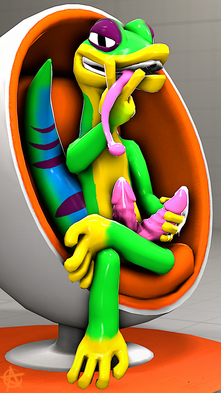 2_penises 3d_(artwork) absurd_res animal_genitalia animal_penis anthro big_penis bodily_fluids chair cum digital_media_(artwork) erection furniture gecko genital_fluids genitals gex_(series) gex_the_gecko hemipenes hi_res lizard looking_at_viewer male masturbation multi_genitalia multi_penis penis reptile scalie sfmsalandit sitting solo source_filmmaker tongue tongue_between_fingers tongue_out