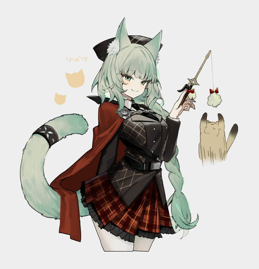 1girl :3 absurdres animal_ear_fluff animal_ears arknights black_jacket black_necktie blunt_bangs braid braided_ponytail cape cat cat_ears cat_girl cat_tail cat_teaser collared_shirt cropped_legs frilled_skirt frills green_eyes green_hair harmonie_(arknights) highres holding holding_toy jacket long_hair long_sleeves merry-san motion_lines necktie plaid plaid_skirt red_cape red_skirt shirt simple_background skirt smile solo tail toy white_background white_shirt