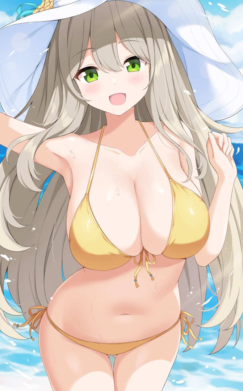 1girl :d absurdres arm_up ass_visible_through_thighs bikini blonde_hair blue_archive blue_sky blush breasts cleavage cloud cowboy_shot day green_eyes hand_up hat hayana_neru highres large_breasts looking_at_viewer navel nonomi_(blue_archive) nonomi_(swimsuit)_(blue_archive) ocean official_alternate_costume open_mouth outdoors side-tie_bikini_bottom sky smile solo stomach sun_hat swimsuit thighs wet white_headwear yellow_bikini