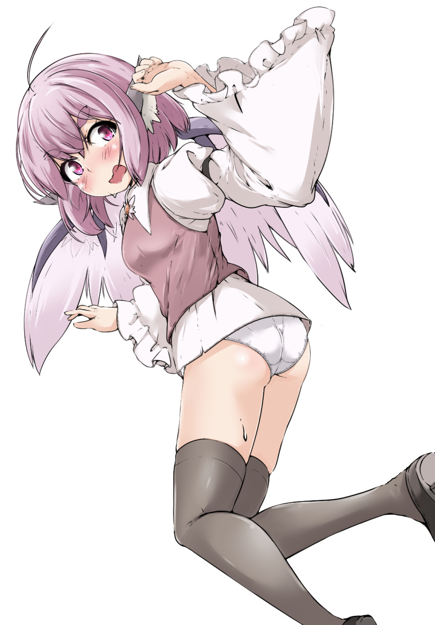 1girl ahoge animal_ears arm_up ass bird_ears black_thighhighs blush breasts commentary_request feet_out_of_frame frills hair_between_eyes hands_up highres juliet_sleeves knees_together_feet_apart leaf leaf_background long_sleeves looking_at_viewer looking_back medium_hair mepikari mystia_lorelei no_headwear open_mouth panties pink_eyes pink_hair puffy_sleeves simple_background small_breasts solo thighhighs touhou twisted_torso underwear vest wavy_mouth white_background wide_sleeves wings