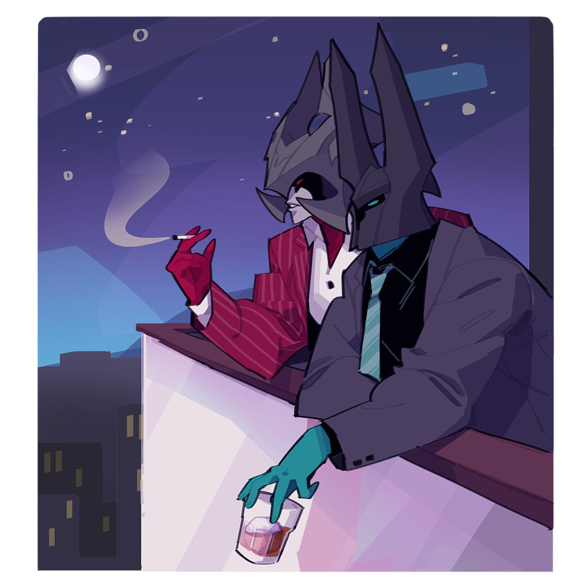 2boys aatrox alcohol balcony black_shirt black_suit cigarette city colored_skin formal glowing glowing_eyes green_eyes green_skin helmet highres league_of_legends looking_ahead male_focus mordekaiser multiple_boys muscular muscular_male necktie night ppul_go1 red_eyes red_skin red_suit shirt suit