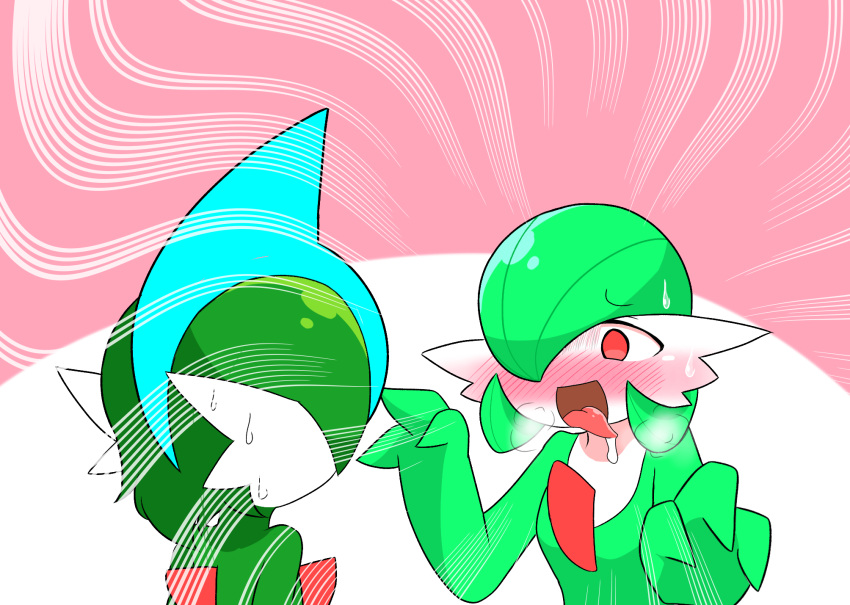 1boy 1girl blue_hair blush bob_cut breasts breath colored_skin commentary_request drooling emphasis_lines facing_another facing_away from_behind gallade gardevoir green_hair green_skin hair_over_one_eye hands_up happy highres kanimiso_na_double looking_at_another mohawk multicolored_hair multicolored_skin nose_blush one_eye_covered open_mouth over_shoulder partial_commentary pink_background pokemon pokemon_(creature) raised_eyebrows red_eyes saliva short_hair small_breasts smile standing sweat tongue tongue_out two-tone_background two-tone_hair two-tone_skin upper_body white_skin