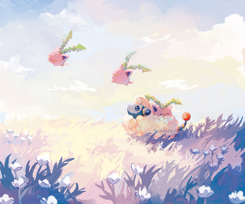 closed_mouth cloud day flower from_side highres hoppip looking_up lying mareep nashiro_o77o no_humans outdoors pokemon pokemon_(creature) sky smile white_flower yellow_eyes