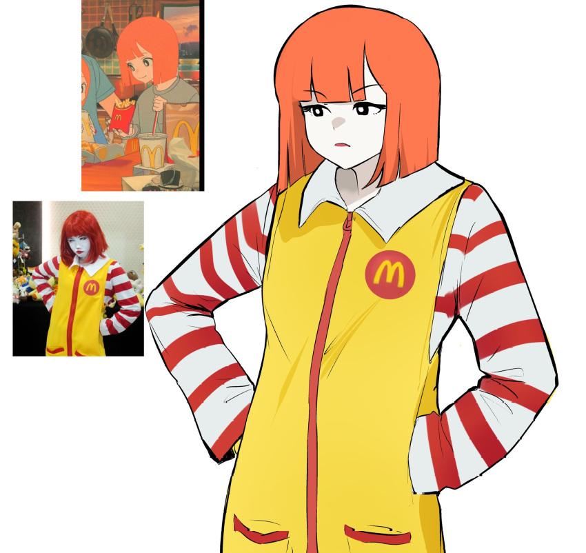 3girls colored_skin commentary english_commentary fusion genderswap genderswap_(mtf) hands_on_own_hips highres jumpsuit logo mcdonald's medium_hair miruyuyo multiple_girls orange_hair photo_inset red_shirt reference_inset ronald_mcdonald screencap_inset shirt simple_background sleeveless_jumpsuit striped striped_shirt white_background white_shirt white_skin yellow_jumpsuit yoru_mac