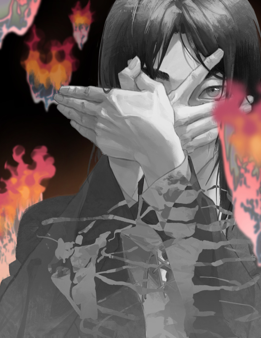 1boy absurdres aged_up bird_shadow_puppet burning covered_mouth eren_yeager fingernails fire hand_on_own_face hands_up highres jacket long_sleeves looking_at_viewer male_focus medium_hair monochrome one_eye_covered own_hands_together parted_bangs peeking_through_fingers shingeki_no_kyojin solo spot_color upper_body zzzzzzzzzzz10