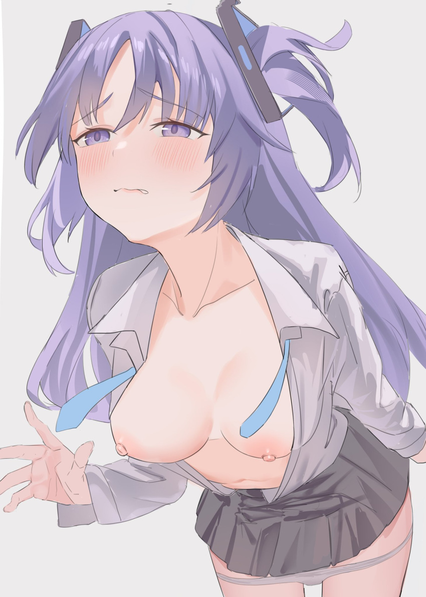 biting black_skirt blue_archive blush breasts breasts_out collarbone grey_shirt highres kazami_yuuka lip_biting lookhow medium_breasts navel necktie nipples no_halo open_clothes open_shirt panties panty_pull purple_eyes purple_hair shirt simple_background skirt two_side_up underwear undone_necktie white_background