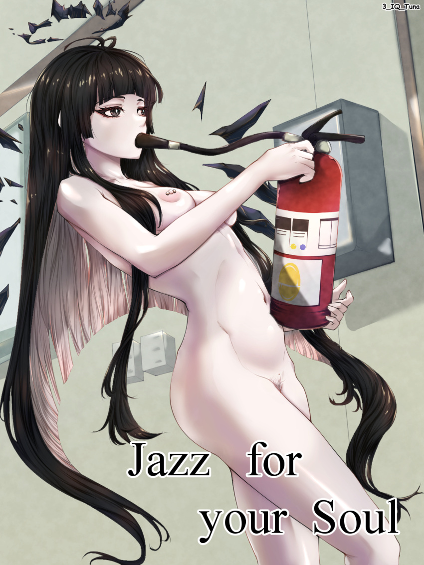 1girl 3_iq_tuna antenna_hair arknights artist_name black_eyes black_hair black_halo black_wings blunt_bangs breasts bright_pupils broken_halo brown_pubic_hair collarbone colored_inner_hair commentary completely_nude covered_mouth cowboy_shot crossed_legs dark_halo detached_wings dutch_angle energy_wings english_commentary english_text eyelashes female_pubic_hair fingernails fire_extinguisher from_side grey_hair groin hallway halo hands_up highres hime_cut holding indoors jazz_for_your_soul_(meme) long_hair looking_afar looking_ahead medium_breasts meme multicolored_hair navel nipple_piercing nipples nude pale_skin piercing pubic_hair self-harm shade shadow sidelocks solo standing stomach thighs twitter_username two-tone_hair variant_set very_long_hair virtuosa_(arknights) wall wallpaper_(object) white_pupils wings you're_doing_it_wrong