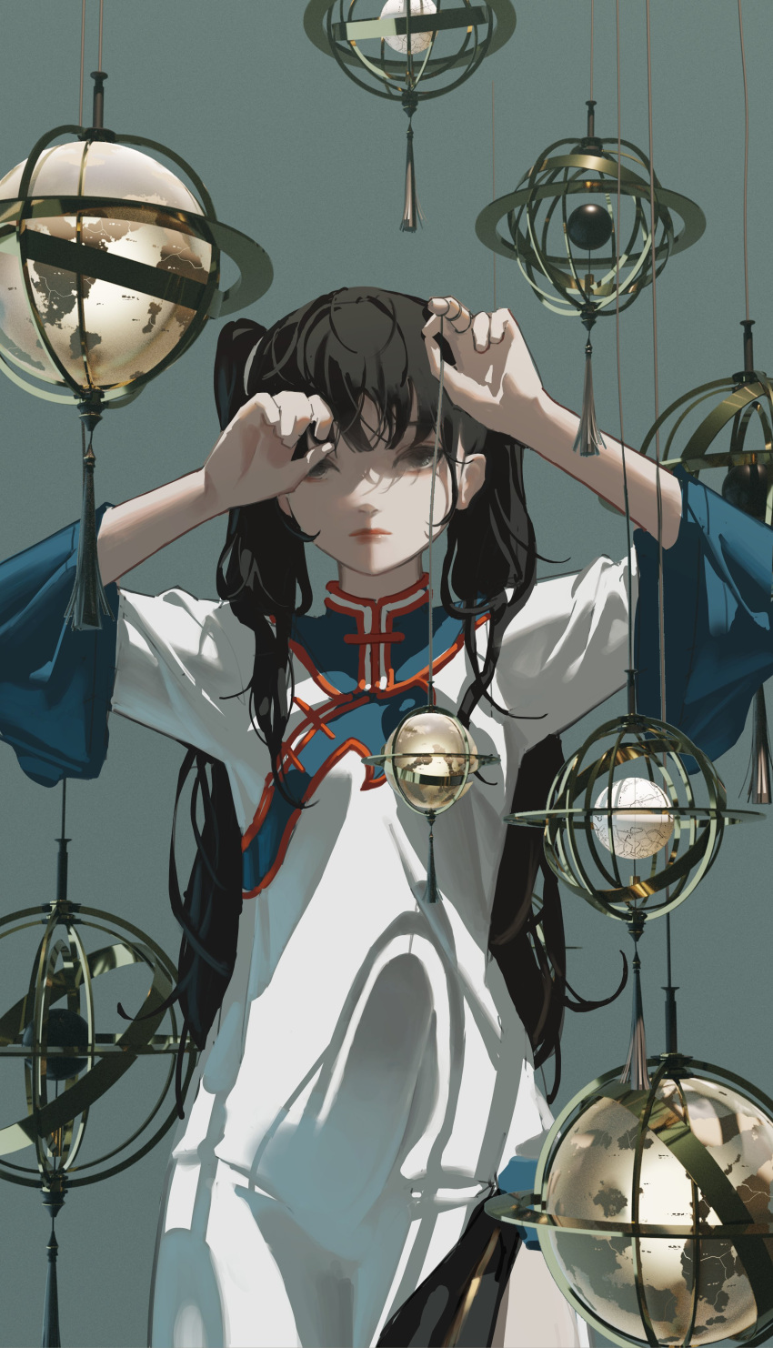 1girl absurdres black_eyes black_hair chinese_clothes closed_mouth dress expressionless globe hands_up highres long_hair original solo tuoer twintails