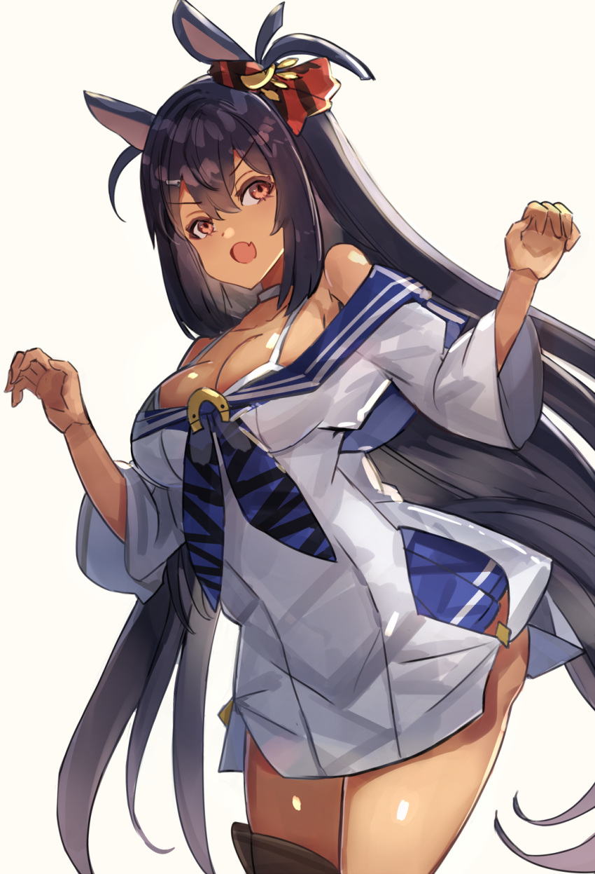 1girl animal_ears bare_shoulders bikini black_bikini black_hair blue_neckerchief blue_shirt breasts choker cleavage commentary_request cowboy_shot dark-skinned_female dark_skin ear_scrunchie fang highres hishi_amazon_(umamusume) horse_ears horse_girl horse_tail long_hair long_sleeves neckerchief open_mouth red_eyes shirt simple_background skirt solo striped_neckerchief swimsuit tail the_olphy thigh_strap two-tone_shirt umamusume very_long_hair white_background white_choker white_shirt white_skirt