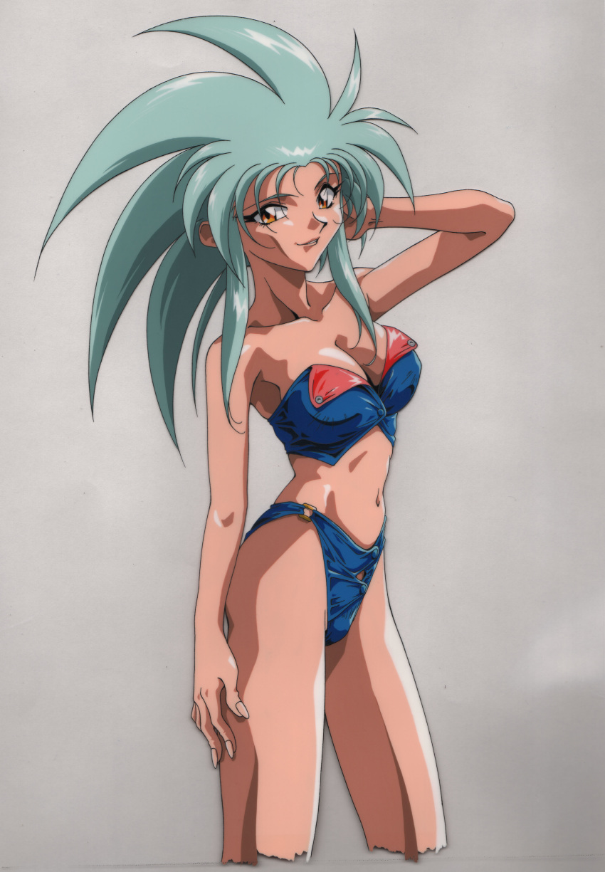 1990s_(style) 1girl absurdres arm_behind_head arm_up big_hair bikini blue_bikini breasts cel cleavage collarbone cropped_legs highres large_breasts light_green_hair navel non-web_source official_art pointy_ears retro_artstyle ryouko_(tenchi_muyou!) scan simple_background smile solo spiked_hair strapless strapless_bikini swimsuit tenchi_muyou! yellow_eyes