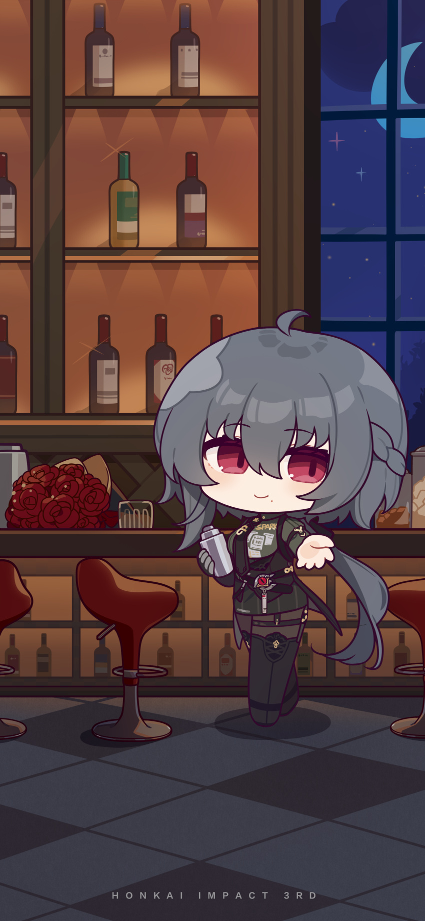 absurdres ahoge bar_(place) bartender black_leggings black_necktie bottle bouquet chibi chinese_commentary crescent cup flower full_body grey_hair hair_between_eyes highres holding holding_cup honkai_(series) honkai_impact_3rd indoors leggings logo long_hair long_sleeves looking_at_viewer moon necktie official_alternate_costume official_art official_wallpaper outstretched_arm raven_(honkai_impact) red_flower smile standing thigh_strap window wine_bottle