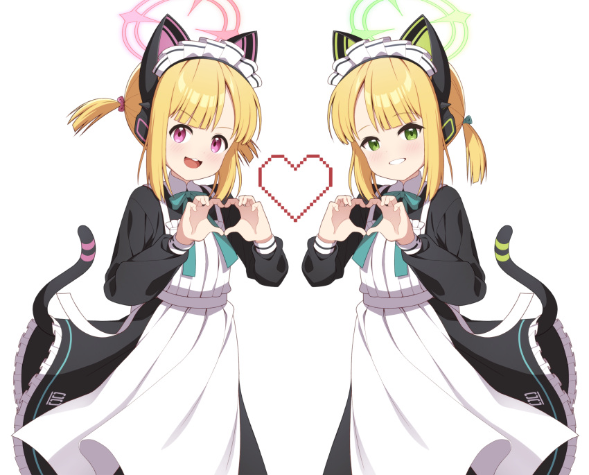 2girls alternate_costume animal_ear_headphones animal_ears apron aqua_ribbon black_dress blue_archive cat_ear_headphones cat_tail dress enmaided fake_animal_ears frilled_dress frills green_eyes grin halo headphones heart heart_hands highres long_sleeves looking_at_viewer maid maid_apron maid_headdress mechanical_tail midori_(blue_archive) midori_(maid)_(blue_archive) moe_moe_kyun! momoi_(blue_archive) momoi_(maid)_(blue_archive) multiple_girls neck_ribbon open_mouth pink_eyes ribbon short_hair short_twintails siblings simple_background sisters sizque smile standing tail twins twintails white_apron white_background