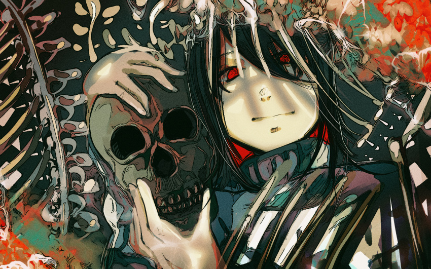 1girl black_hair bone chainsaw_man closed_mouth highres holding holding_skull long_hair nayuta_(chainsaw_man) red_eyes ringed_eyes skull solo spine utaba_natu_52hz