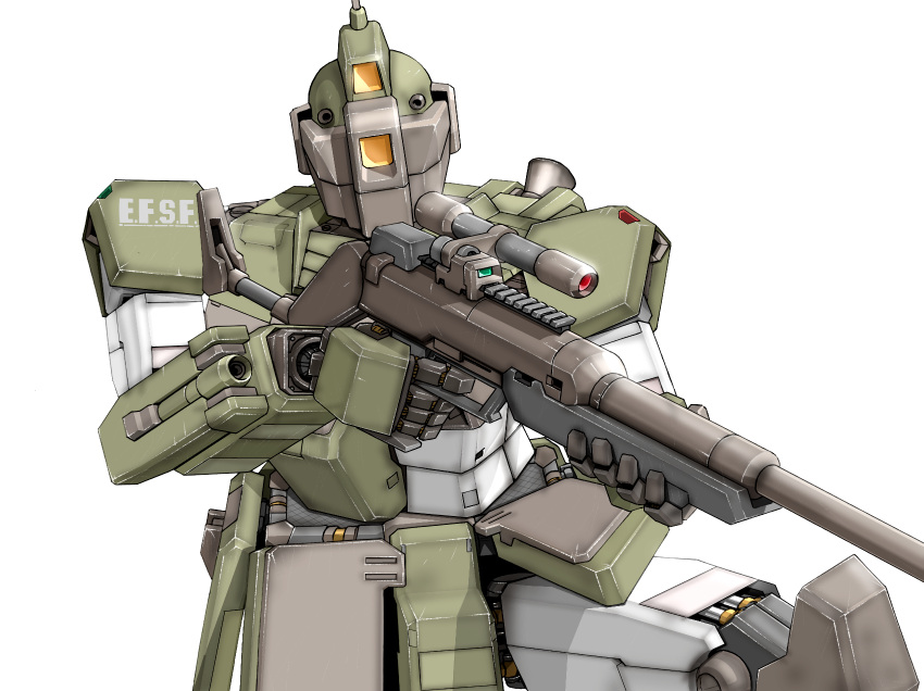 aron_e commentary earth_federation_space_forces finger_on_trigger gm_sniper_custom gun gundam gundam_msv highres holding holding_gun holding_weapon mecha mecha_focus mobile_suit no_humans rifle robot science_fiction scope simple_background sniper_rifle solo weapon white_background