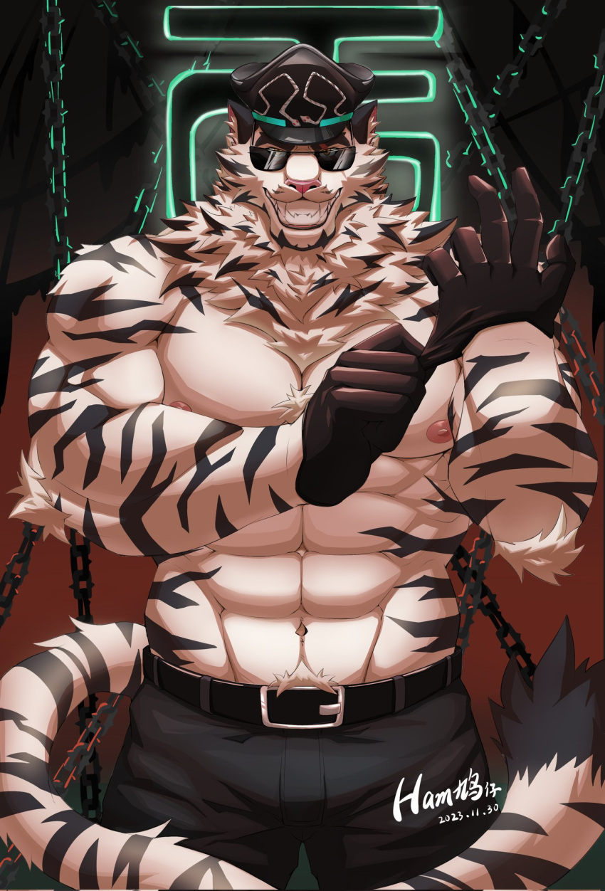 1boy abs animal_ears bara belt black_gloves black_headwear black_pants chain dated dislyte english_commentary fangs furry furry_male gloves hamjiuzai highres holding holding_clothes holding_gloves jin_qiu_(ru_shou)_(dislyte) looking_at_viewer male_focus pants pectorals signature smile sunglasses tail tiger_boy tiger_ears tiger_stripes tiger_tail topless_male