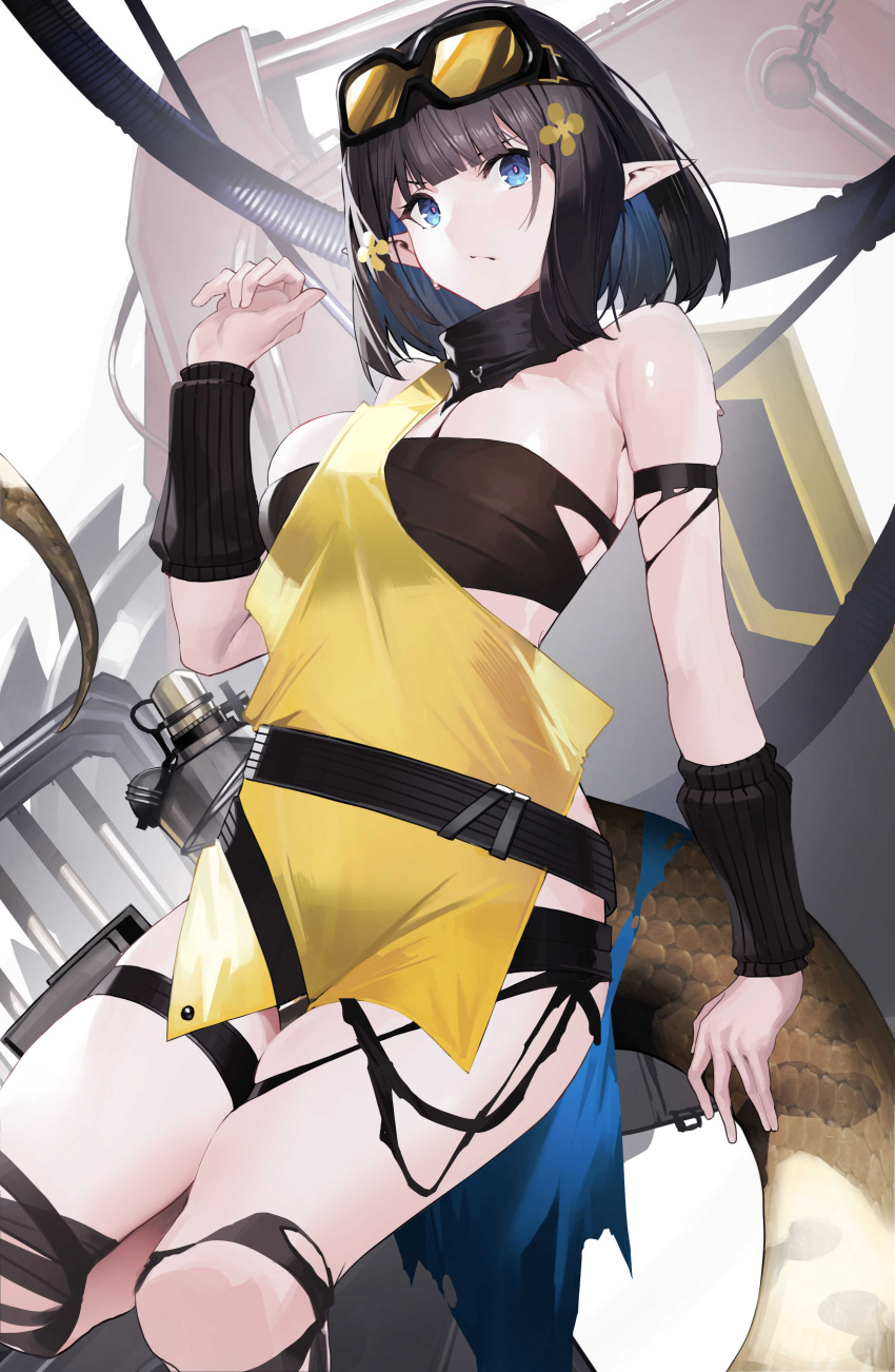 1girl absurdres arknights bare_shoulders black_hair blue_eyes blue_hair breasts brown_flower eunectes_(arknights) flower goggles goggles_on_head groin hair_flower hair_ornament hand_up highres large_breasts looking_at_viewer multicolored_hair pointy_ears raitho short_hair simple_background snake_tail solo tail two-tone_hair white_background