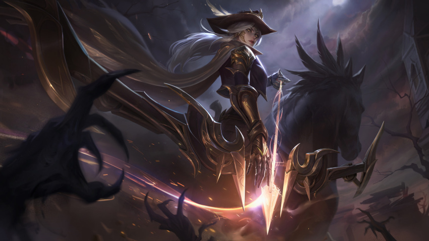 1girl absurdres alternate_costume armor armored_gloves arrow_(projectile) ashe_(league_of_legends) bow_(weapon) branch capelet clare_wong cloud cloudy_sky cowboy_hat cowgirl_(western) elbow_gloves english_commentary eyeshadow floating_hair gloves hat hat_feather high_noon_ashe highres holding holding_arrow horse incoming_attack league_of_legends light light_particles long_hair looking_at_viewer looking_back makeup moonlight night night_sky official_alternate_costume official_art outdoors parted_lips pink_lips shoulder_armor sitting sitting_on_animal sky solo tree weapon white_hair