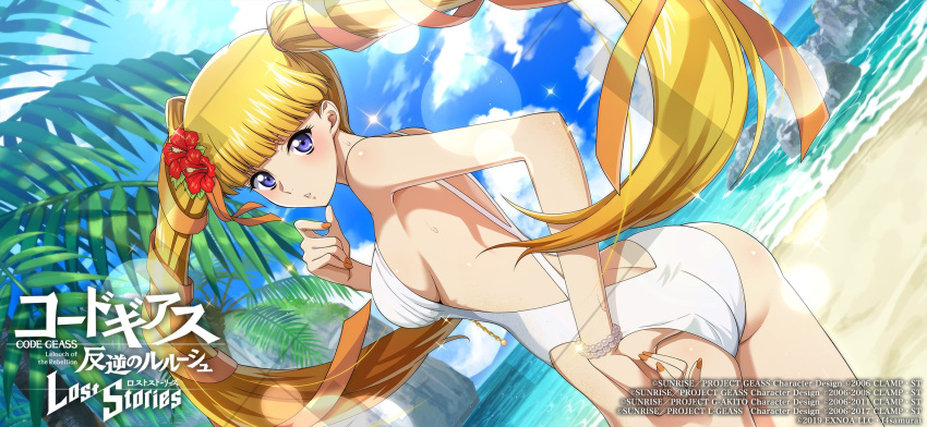1girl bare_arms bare_shoulders beach blonde_hair blue_sky breasts cloud code_geass code_geass:_lost_stories day hair_ornament highleg highres large_breasts long_hair looking_at_viewer monica_kruszewski ocean one-piece_swimsuit outdoors palm_tree sand sky smile solo swimsuit tree twintails very_long_hair water white_one-piece_swimsuit