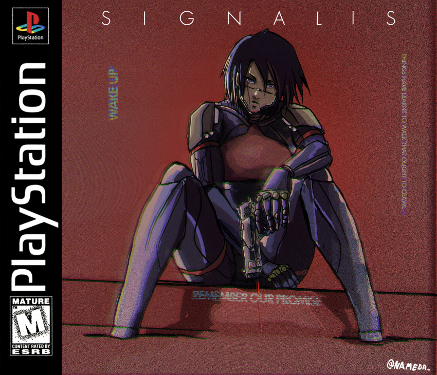 1girl absurdres android black_hair blue_eyes chromatic_aberration commentary copyright_name cover elster_(signalis) english_commentary english_text fake_cover gun handgun highres holding holding_gun holding_weapon joints laser_sight looking_at_viewer metal_skin namedr no_feet playstation_logo ringed_eyes robot_joints science_fiction short_hair signalis sitting solo twitter_username video_game_cover weapon