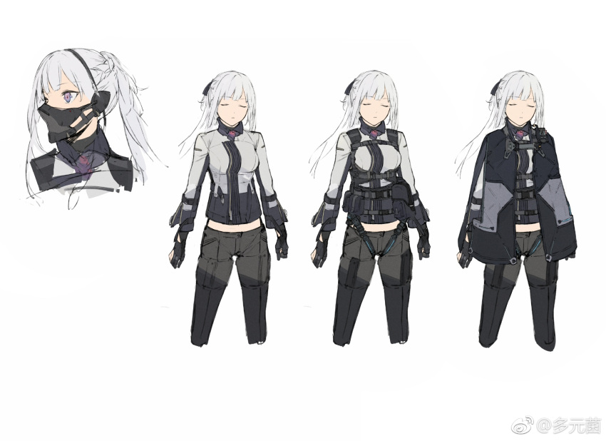 1girl ak-12_(girls'_frontline) black_capelet black_gloves black_ribbon braid breasts capelet closed_eyes closed_mouth duoyuanjun expressionless facing_viewer feet_out_of_frame french_braid girls'_frontline gloves grey_pants hair_ribbon highres large_breasts long_hair long_sleeves looking_to_the_side mask midriff mouth_mask multiple_views official_art pants partially_fingerless_gloves ponytail purple_eyes reference_sheet ribbon shirt sidelocks simple_background snap-fit_buckle tactical_clothes unusually_open_eyes weibo_logo weibo_username white_background white_hair white_shirt