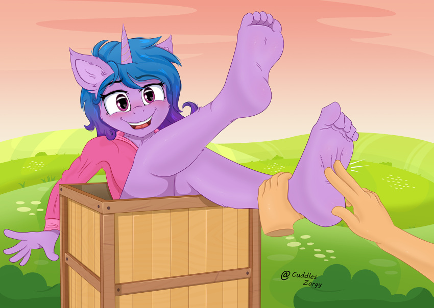 5_toes anthro barefoot blue_hair blush clothed clothing embarrassed feet female foot_fetish foot_focus friendship_is_magic hair hasbro hi_res humanoid_feet izzy_moonbow_(mlp) laugh mlp_g5 my_little_pony outside plantigrade soles solo teasing tickle_fetish tickle_torture tickling tickling_feet toes zorgy