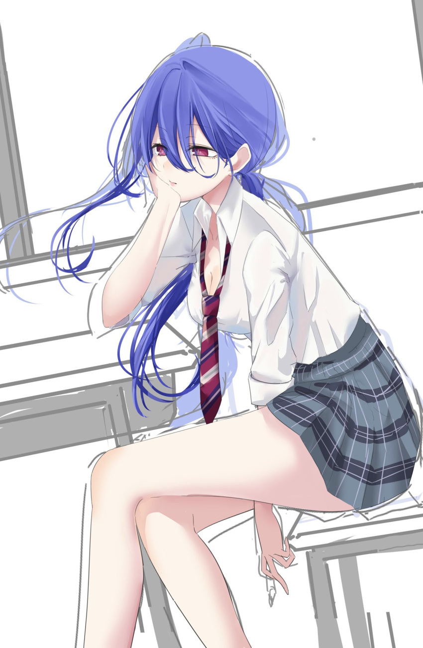 1girl blue_hair breasts cleavage earrings highres iris_heart jewelry kami_jigen_game_neptune_v long_hair medium_breasts moya_44444 necktie neptune_(series) plaid plaid_skirt pleated_skirt red_eyes school_uniform scrunchie single_earring sitting skirt solo