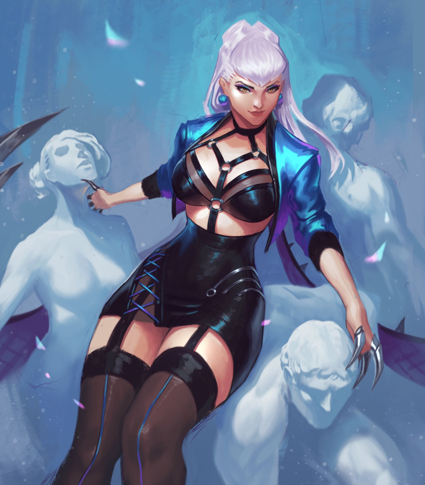 1girl asymmetrical_bangs black_choker black_garter_straps black_skirt black_thighhighs blue_background breasts choker claw_(weapon) closed_mouth cropped_jacket demon demon_girl drop_earrings earrings evelynn_(league_of_legends) eyeshadow garter_straps hand_on_another's_head hand_on_another's_neck highres jacket jeremy_anninos jewelry league_of_legends long_hair looking_at_viewer makeup medium_breasts o-ring open_clothes open_jacket pink_lips purple_eyeshadow revealing_clothes sitting skirt solo statue the_baddest_evelynn thighhighs weapon white_hair