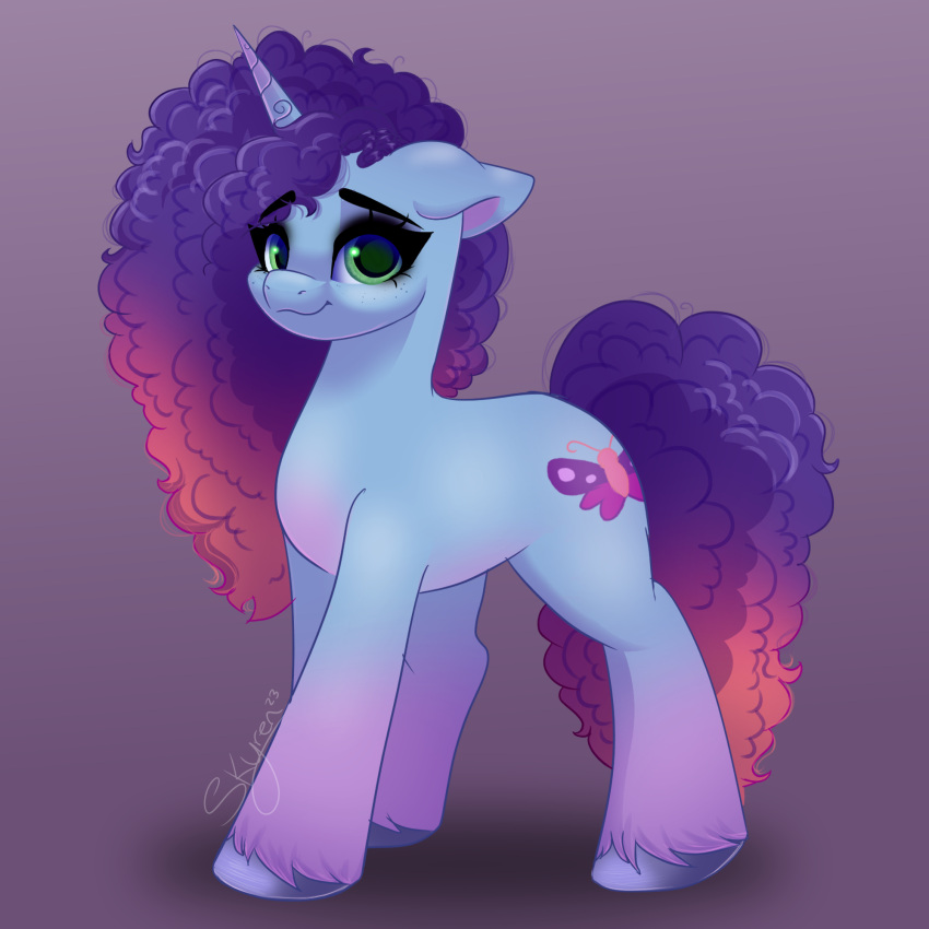 afro blue_body blue_fur blue_hair blue_hooves blue_tail cutie_mark equid equine eyebrows eyelashes female feral fetlocks fur green_eyes hair hasbro hi_res hooves horn mammal misty_(g5) mlp_g5 multicolored_hair my_little_pony pink_hair pink_tail signature skyboundsiren smile solo tail two_tone_hair two_tone_tail unicorn