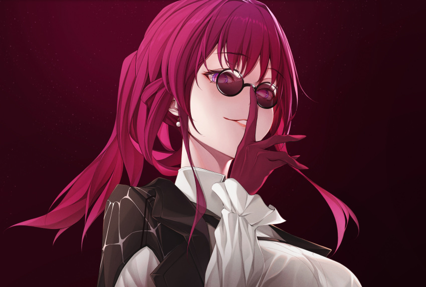 1girl adjusting_eyewear black_jacket breasts chest_harness collared_shirt commentary_request earrings eyewear_on_head finger_on_eyewear gloves hair_between_eyes harness highres honkai:_star_rail honkai_(series) jacket jewelry kafka_(honkai:_star_rail) large_breasts long_hair long_sleeves looking_at_viewer pince-nez purple-tinted_eyewear purple_eyes purple_gloves purple_hair round_eyewear shirt smile solo spider_web_print sunglasses swallow_zzy tinted_eyewear white_shirt