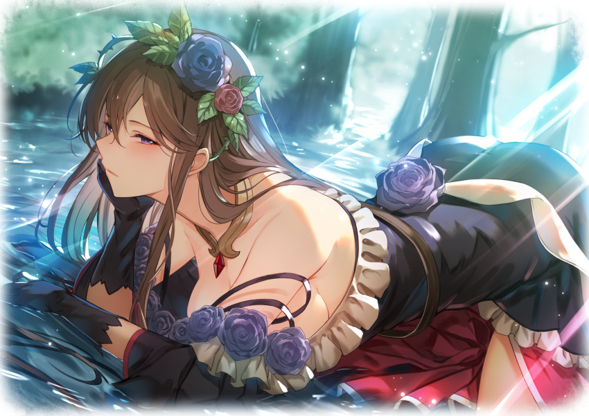 1girl absurdres black_dress black_flower black_gloves black_rose breasts brown_hair closed_mouth day dress flower frilled_dress frills gloves granblue_fantasy hair_ornament head_wreath highres jewelry kakage large_breasts long_hair looking_at_viewer necklace outdoors purple_eyes purple_flower purple_rose red_flower red_rose rose rosetta_(granblue_fantasy) solo sunlight thorns very_long_hair water