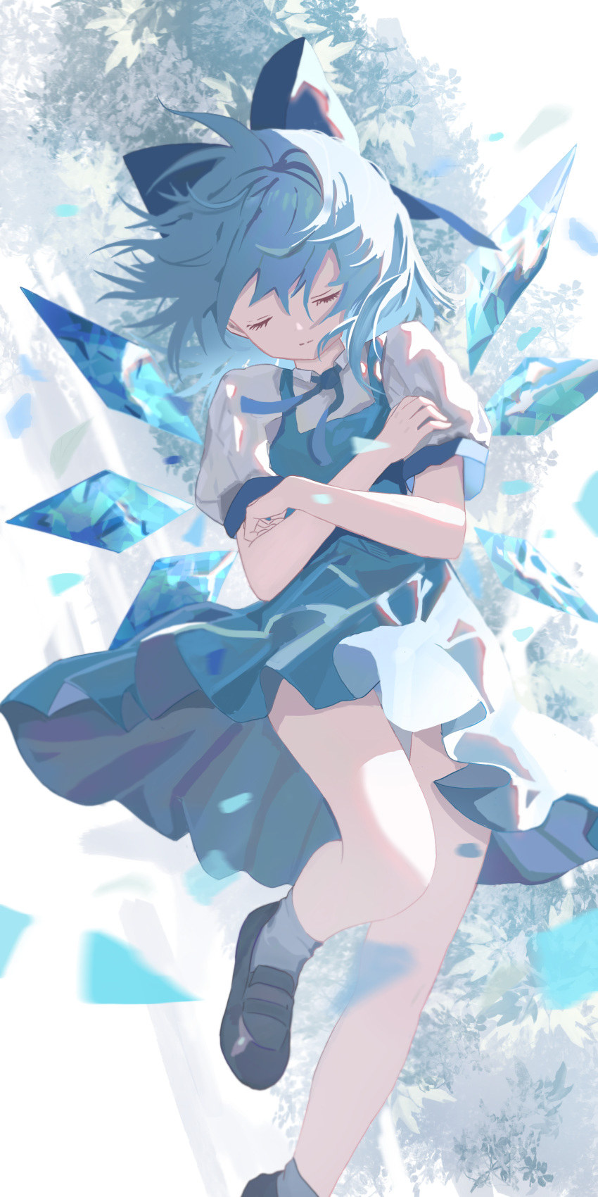 1girl absurdres black_footwear blue_bow blue_dress blue_hair bow cirno closed_eyes closed_mouth detached_wings dress fairy hair_bow highres ice ice_wings pinafore_dress shirt shoes short_hair short_sleeves sleeveless sleeveless_dress socks solo touhou uroam white_shirt white_socks wings