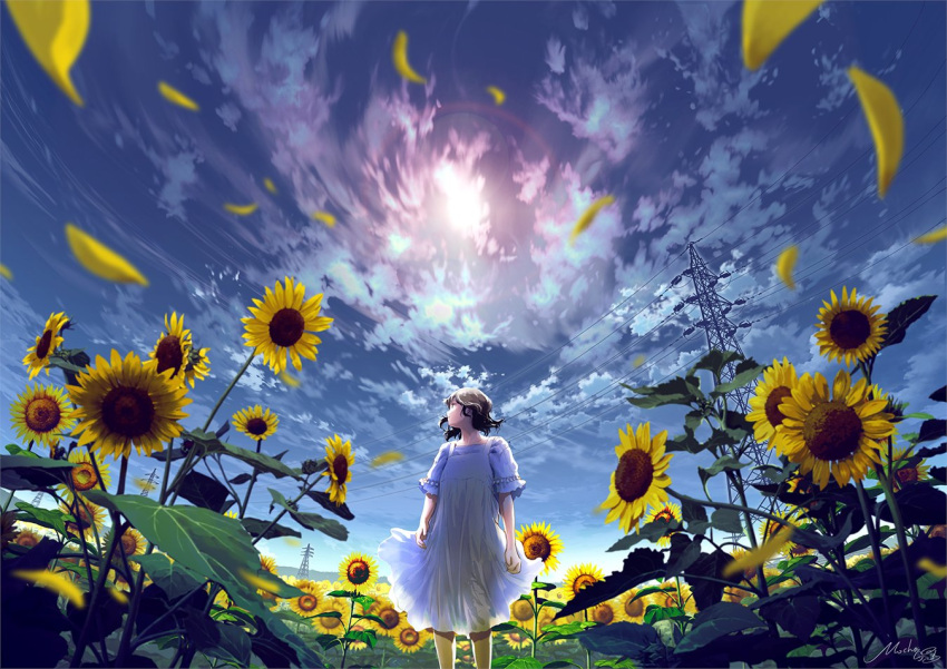 1girl black_hair blurry cloud commentary day depth_of_field dress falling_petals feet_out_of_frame field flower flower_field from_below mocha_(cotton) original outdoors parted_lips petals power_lines scenery short_hair short_sleeves signature sky solo standing sun sunflower sunflower_field transmission_tower white_dress wide_shot
