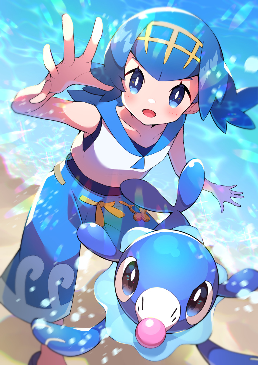 1girl absurdres blue_eyes blue_hair blue_pants blue_sailor_collar blush collarbone commentary eyelashes hairband highres lana_(pokemon) looking_at_viewer one-piece_swimsuit open_mouth pants pokemon pokemon_(creature) pokemon_(game) pokemon_sm pon_yui popplio sailor_collar sandals shirt short_hair sleeveless sleeveless_shirt smile swimsuit swimsuit_under_clothes tongue white_shirt